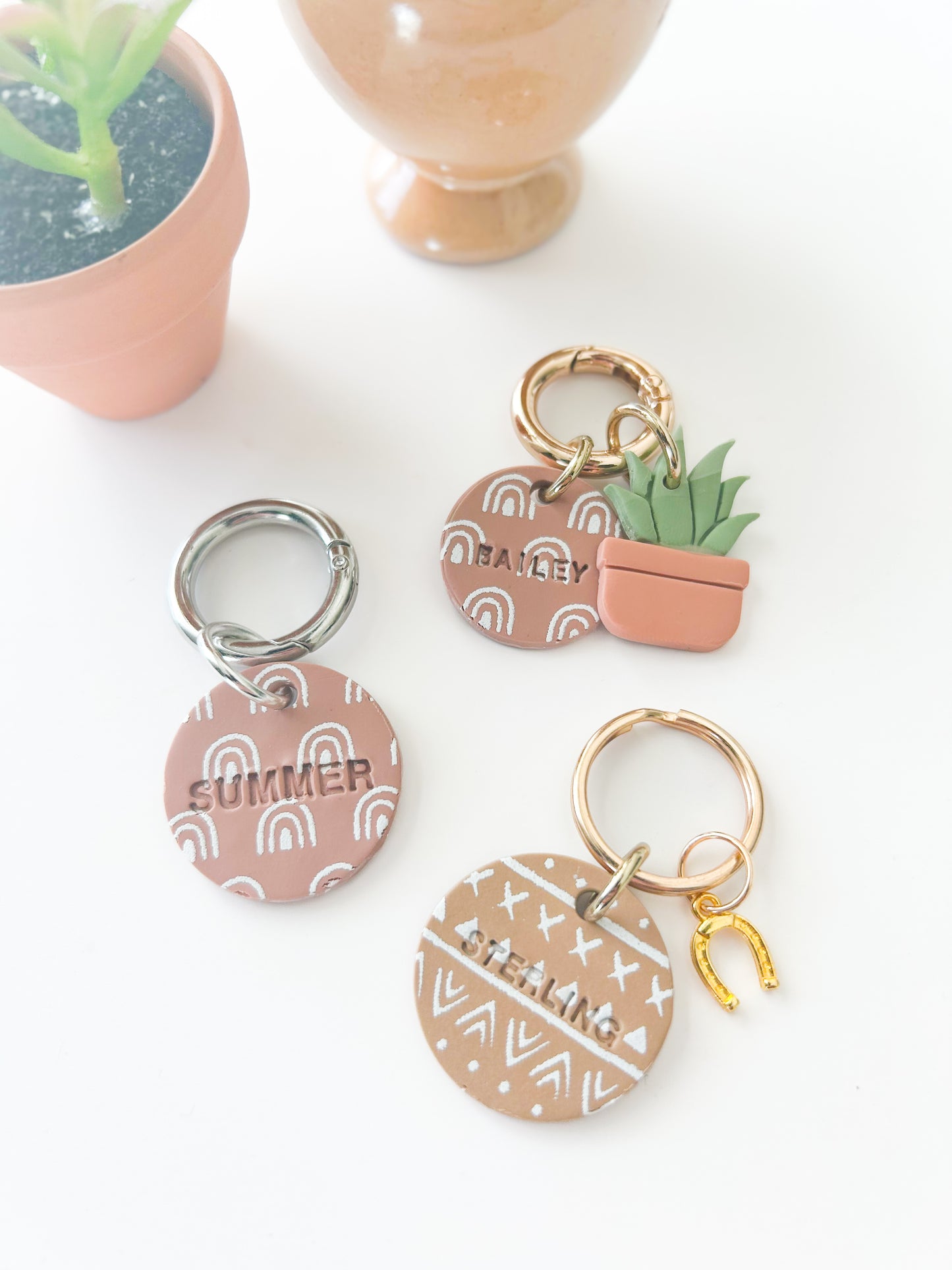 Bottom: 1.25” - tortilla & tribal | petite
Middle: 1.25” - terra-cotta & rainbow | modest
Top: 1” - terra-cotta & rainbow | petite  