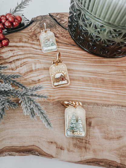 xmas jar with snowy house | pet id tag